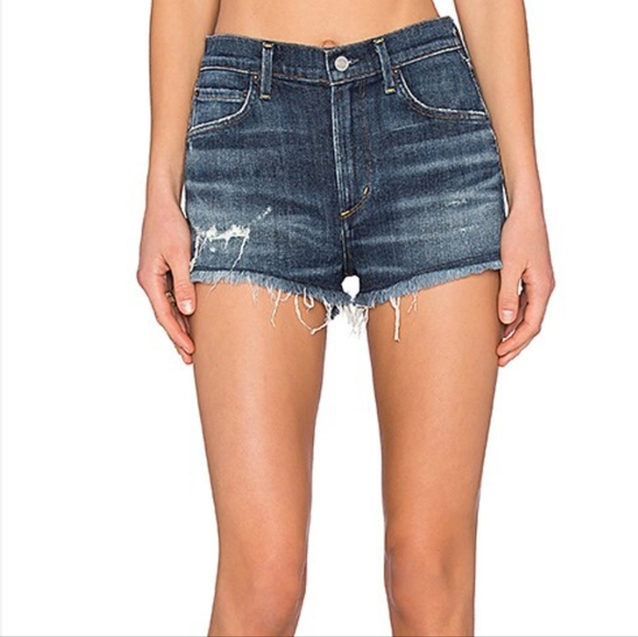 Agolde Blue Distressed Hem Cut Off Denim Shorts